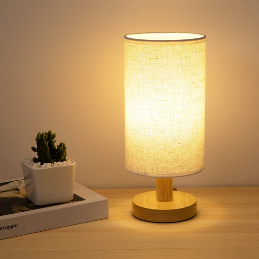 Small Bedside Table Lamp for Bedroom, Minimalist Wood Base & Round Fabric Shade, Mini Cute Cozy Warm White Nightstand Boho Lamp, Study Desk Night Stand Light for Room, Dorm, Nursery, Living Room