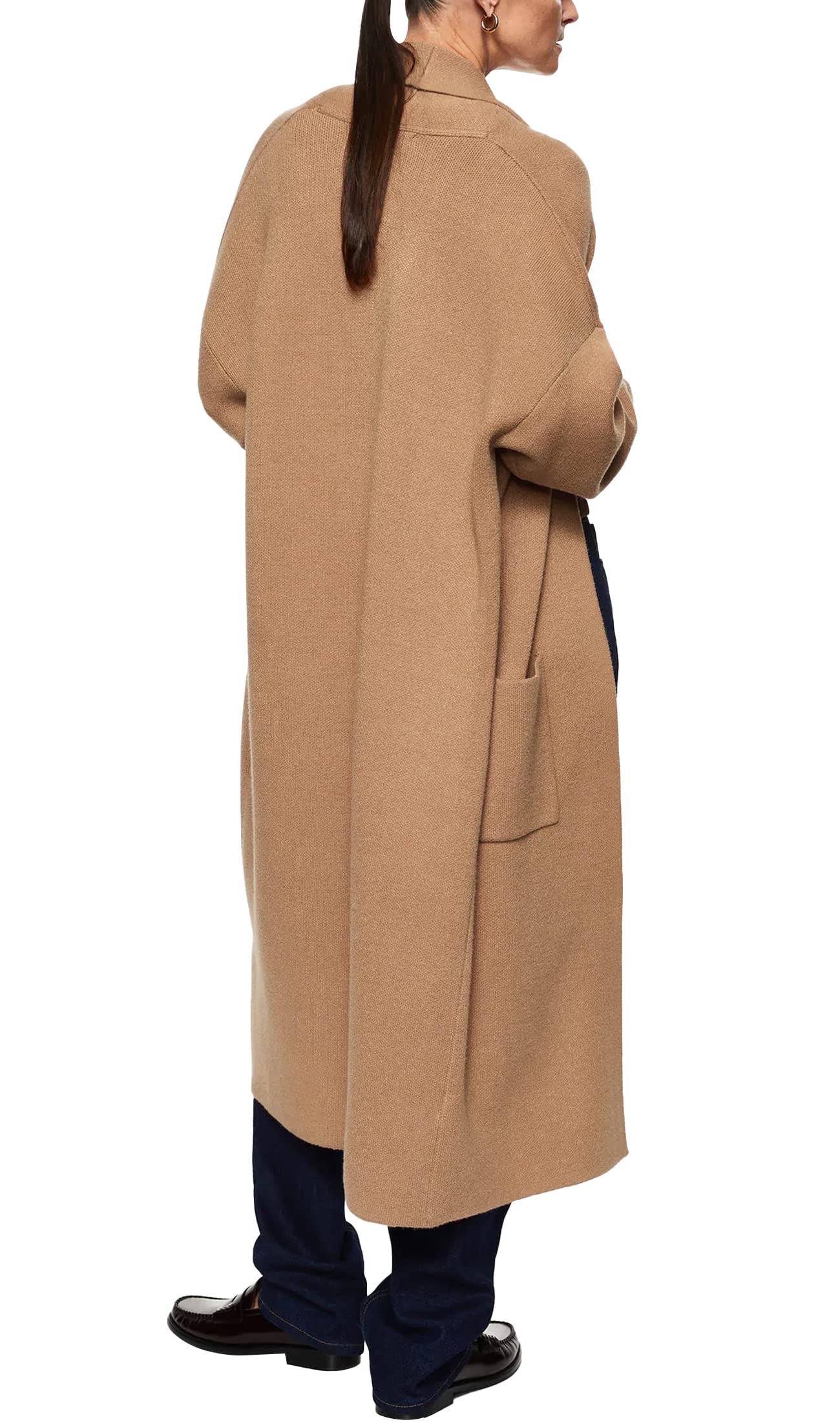 Womens Long Sleeve Maxi Cardigan Open Front Oversized Knitted Sweater Coat Casual Lapel Warm Overcoat with Pockets Camel