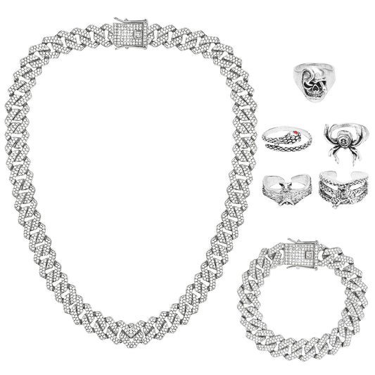 NEWITIN 7 Pieces Silver Jewelry Set for Men Stainless Steel Cuban Link Necklace Bracelet Vintage Ring Cuban Jewelry Set for Men Women