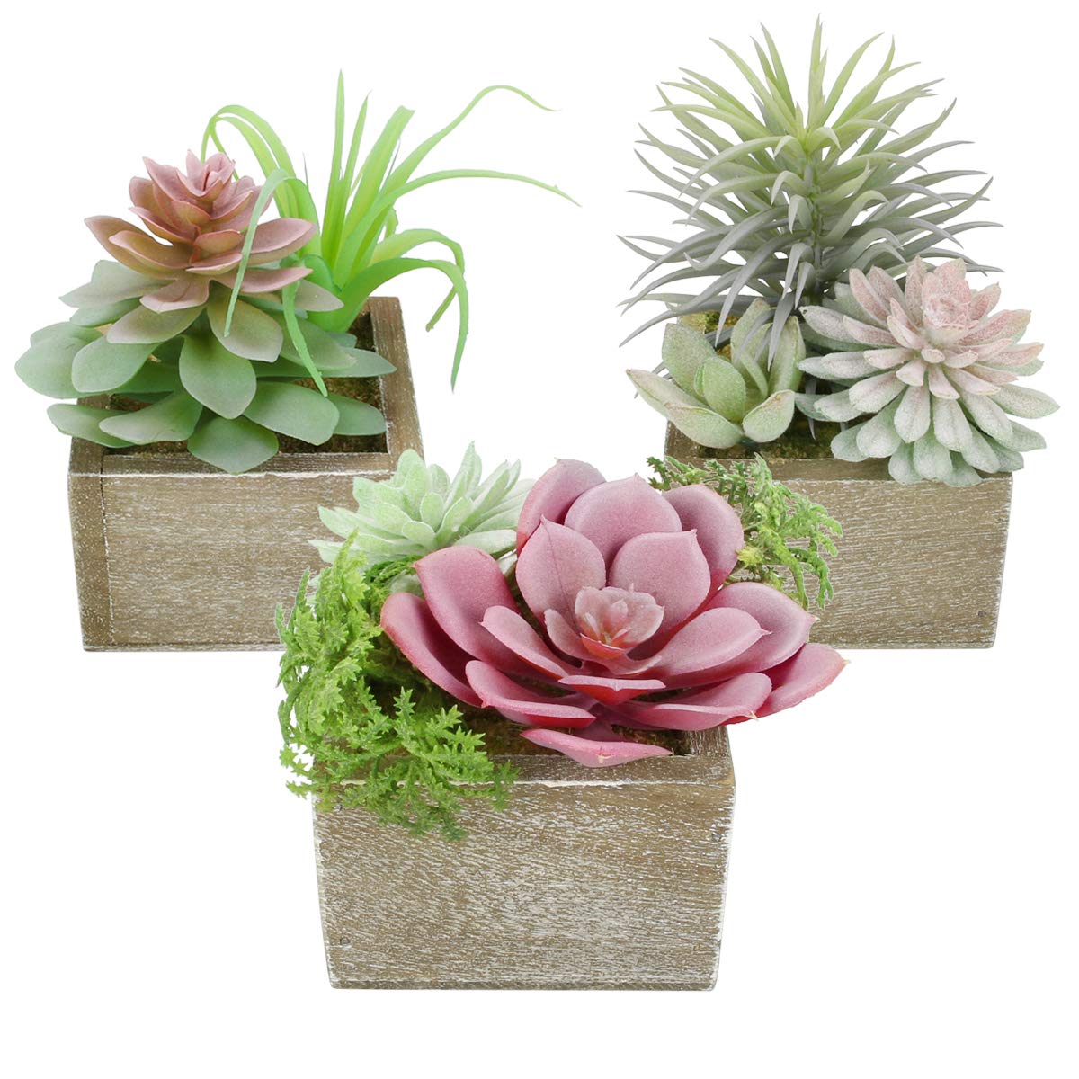 Mingfuxin Succulents Plants Artificial, Mini Assorted Green Fake Plants in Pots, Small Artificial Succulent Plant with Wood Potted for Bathroom Home Office Living Room Table Decor Indoor, Set of 3