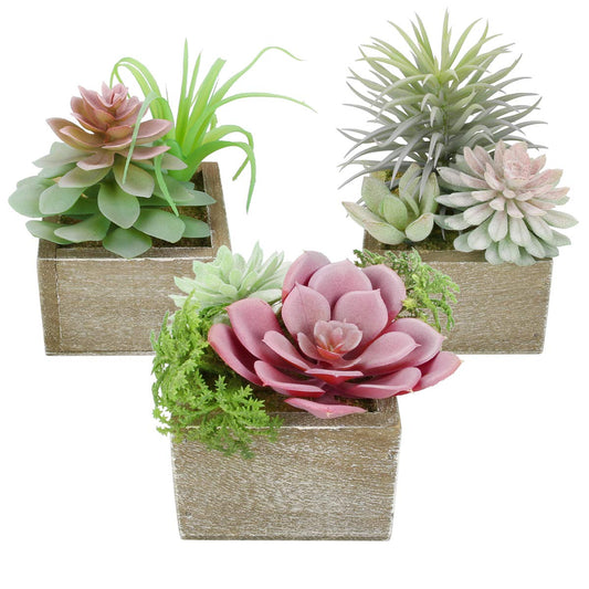 Mingfuxin Succulents Plants Artificial, Mini Assorted Green Fake Plants in Pots, Small Artificial Succulent Plant with Wood Potted for Bathroom Home Office Living Room Table Decor Indoor, Set of 3