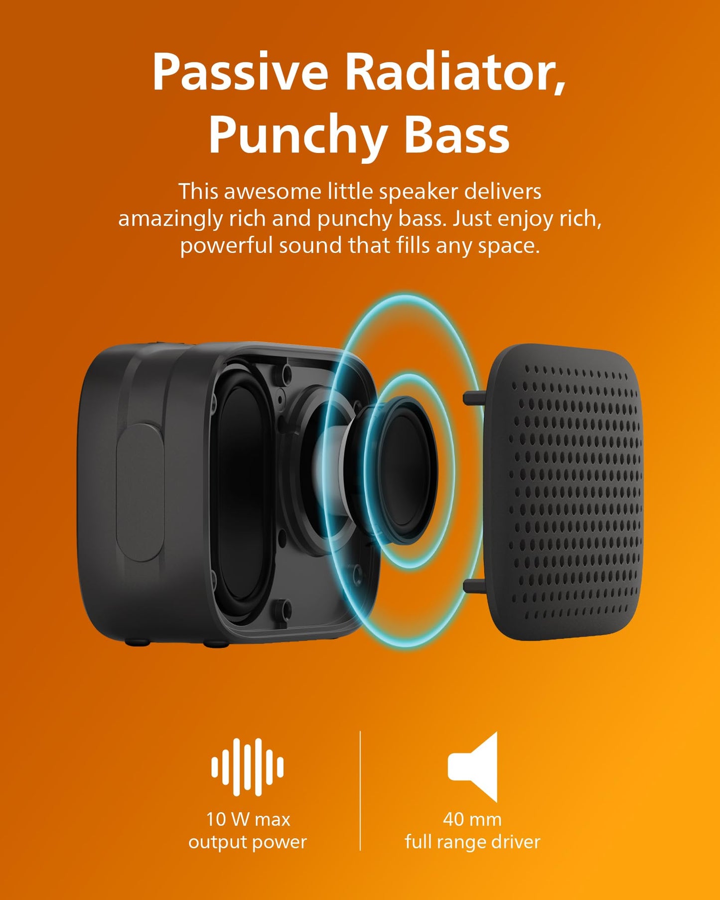 PHILIPS S1209 Portable Bluetooth Speaker,Wireless Speakers with Extra Bass,Quality Sound,12 H Battery,TWS Pairing,Support Stereo Sound,Bluetooth 5.3,IPX4 Waterproof,for Indoor & Outdoor,Small,Black