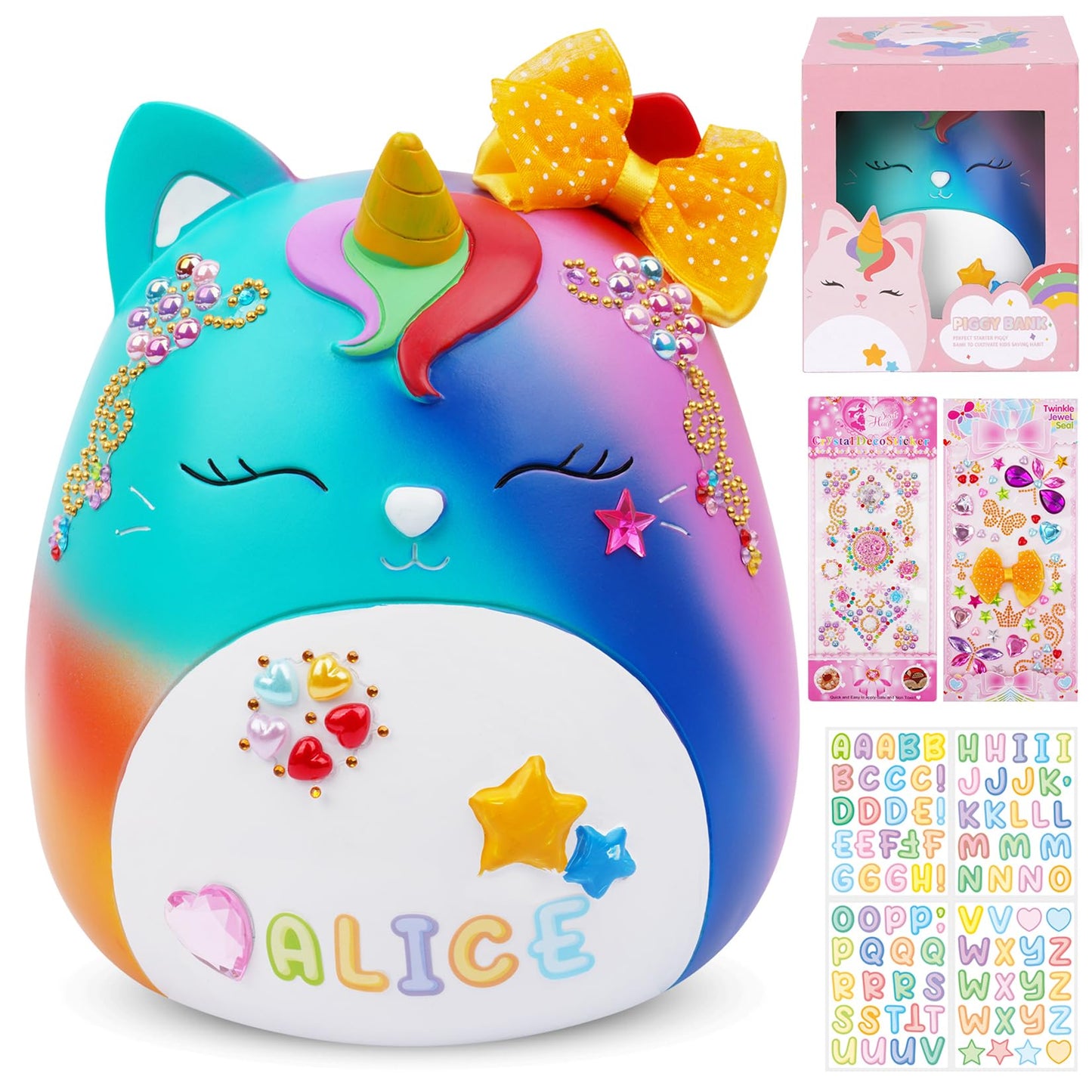 Unicorn Piggy Bank Girls, Piggy Bank for Girls with Stickers and Gift Box Unbreakable Resin Kids Coin Money Bank Cute Rainbow Design, Birthday Gifts for Kids Toddlers, 6.5Inch