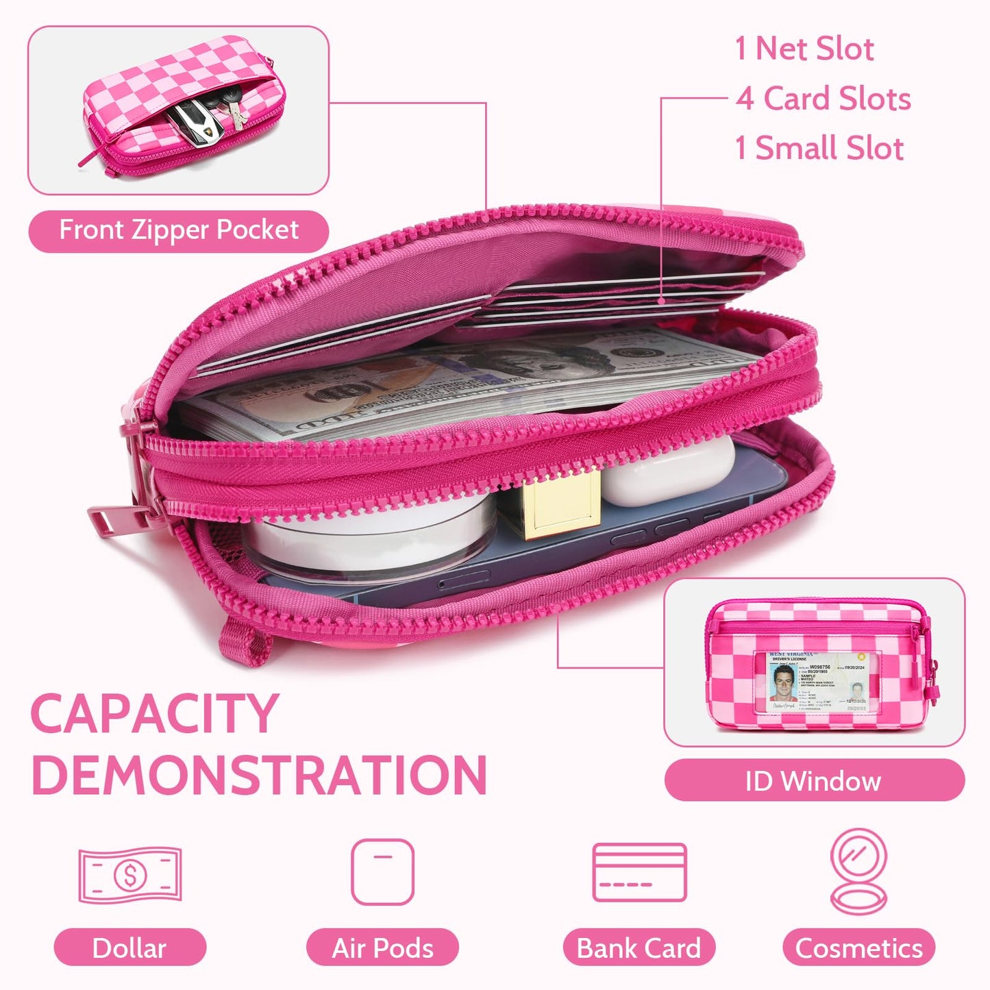 FODOKO Wristlet wallets for women Nylon Quilted Wallet with 4 Zippers,Travel Credit Card,Holder Cell Phone Organizer,coin purse (rose red)