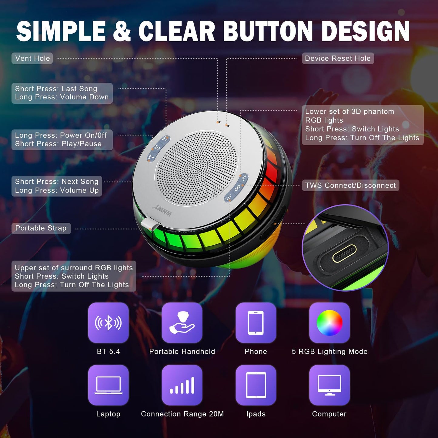 WNWT Floating Speaker for Pool, IPX7 Waterproof Floating Hot Tub Speaker with Colorful Lights, 15W Stereo Loud Sound, TWS, Portable, Wireless Party Gifts for Shower, Spa, Beach