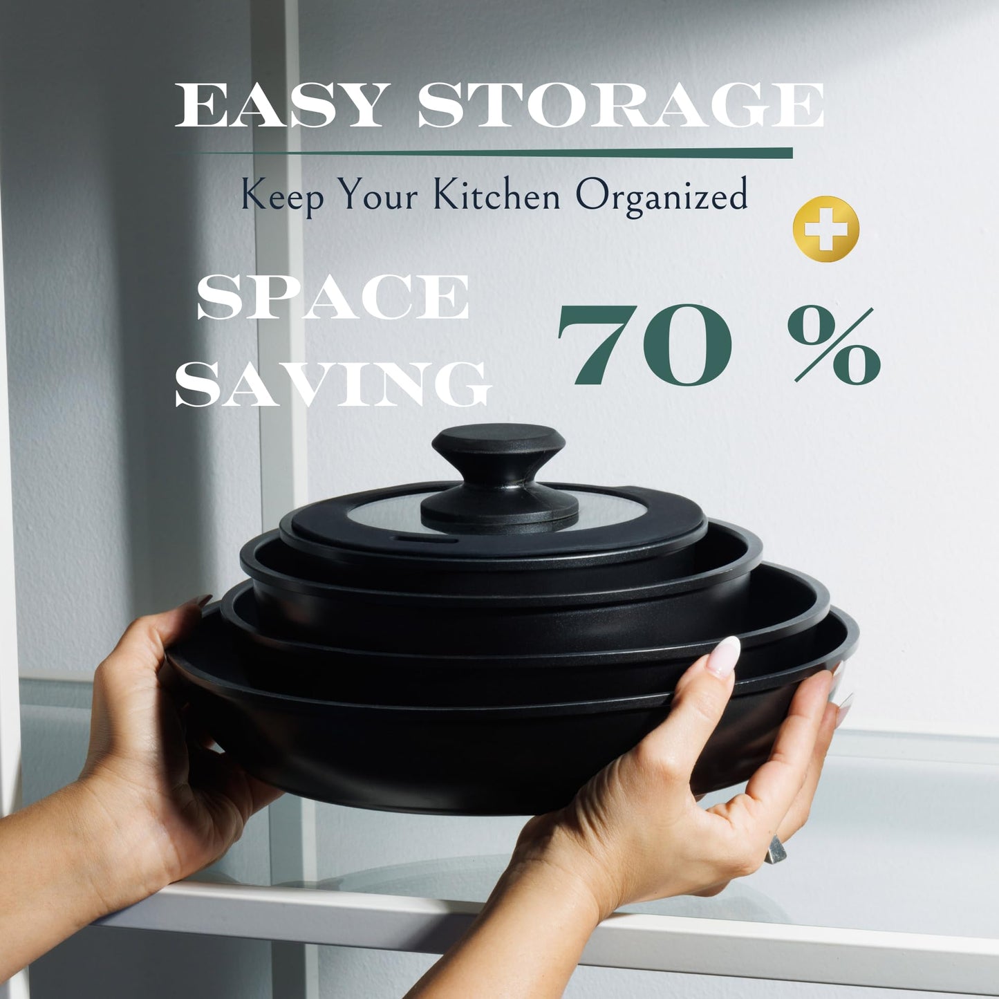 Moss & Stone 10pcs Black Pots and Pans Set Non Stick, Cookware Sets Detachable Handle, RV Kitchen Set Removable Handle, Oven Safe, Induction Ready, Stackable Non-stick Set, Camping Cookware Set