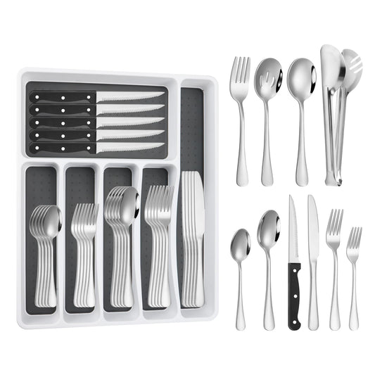 53PCS Silverware Set for 8 with Flatware Drawer Organizer, Stainless Steel Cutlery Set with Steak Knives, Include Spoons and Forks Set & Serving Utensils, Mirror Polished, Silver