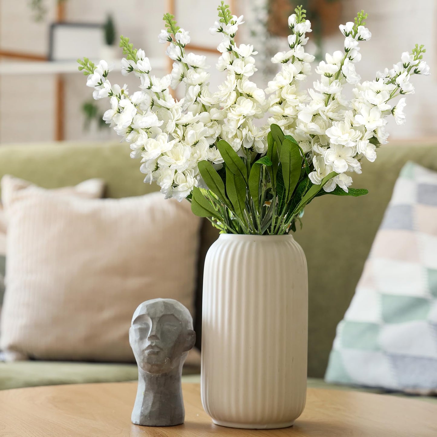 6PCS 36.2 inch Delphinium Artificial Flowers Larkspur Fake Flowers Long Stem Faux Silk Delphinium Flowers Bulk for Tall Vase for Home Wedding Floral Arrangement Centerpiece Table Decorations (White)