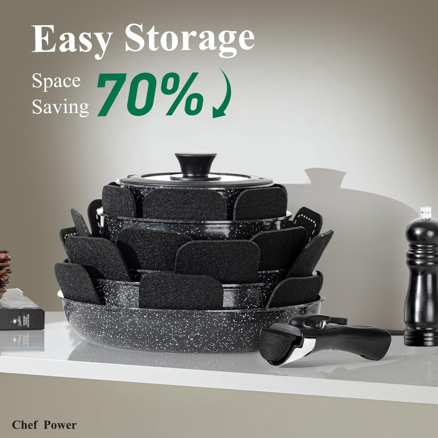 Chef Power Ceramic Nonstick Cookware Set 19 Piece with Detachable Handle, Induction Dishwasher Oven Safe Pans and Pots Set, RV Kitchen Set Removable Handle, Rock Stone Black