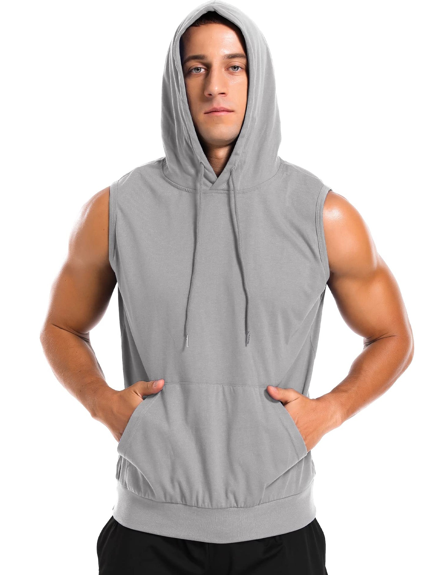 Amussiar Men's Fitness Sport Sleeveless Hoodie Vest Gym Running Training Hooded Tank Top Bodybuilding Cotton Muscles Shirt Grey