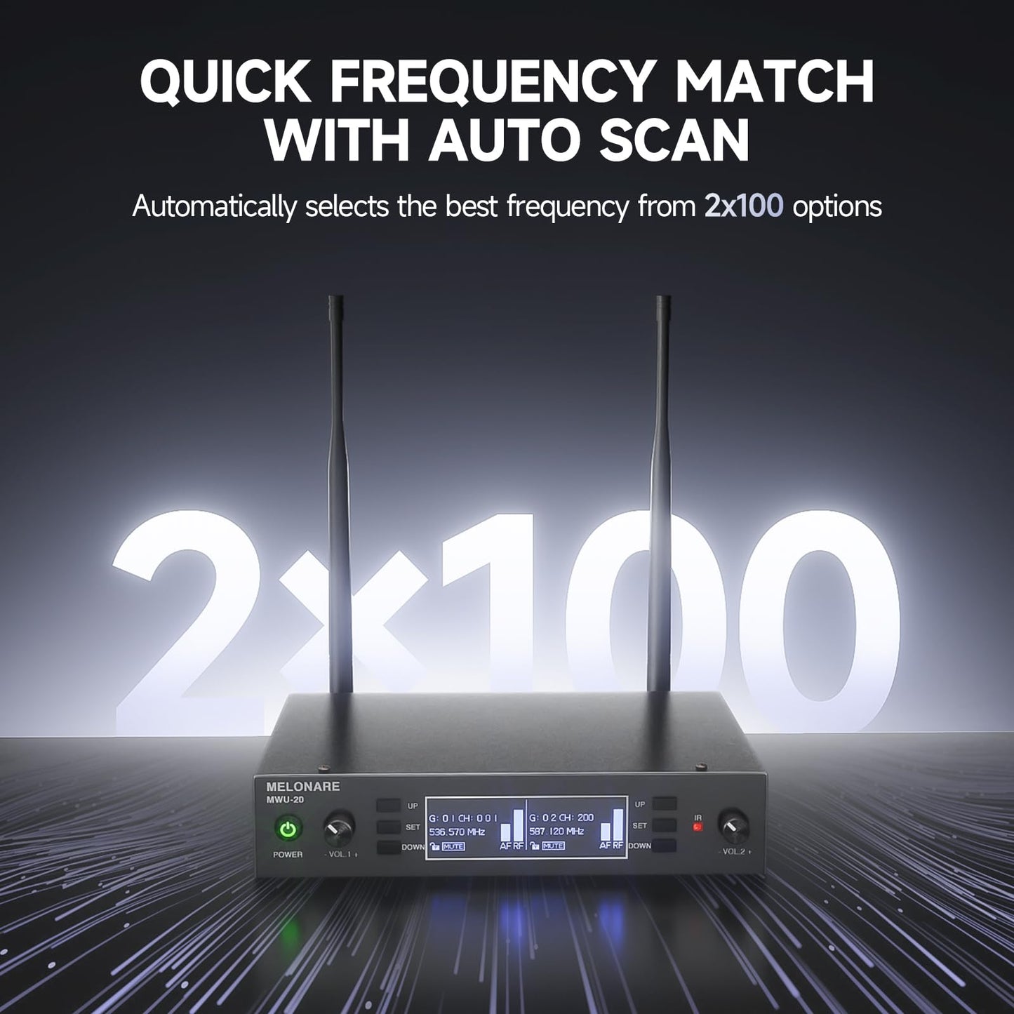 Dual Channel Wireless Microphone System, MELONARE Auto-Scan Professional Cordless Dynamic Mic Set, 260ft Range, 2x100 UHF Metal Wireless Mic for Singing, Karaoke, Church, Wedding, DJ (MWU-20-2H)
