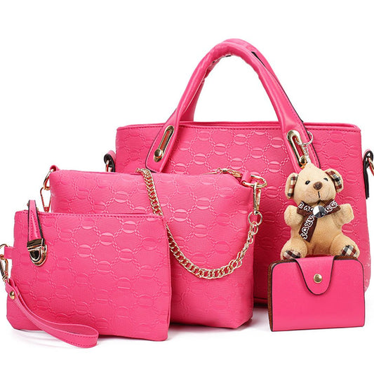 FiveloveTwo Women 4 Pcs Top Handle Satchel Hobo Handbag Set Large Tote +Purse +Shoulder Bag+Card Holder Pink