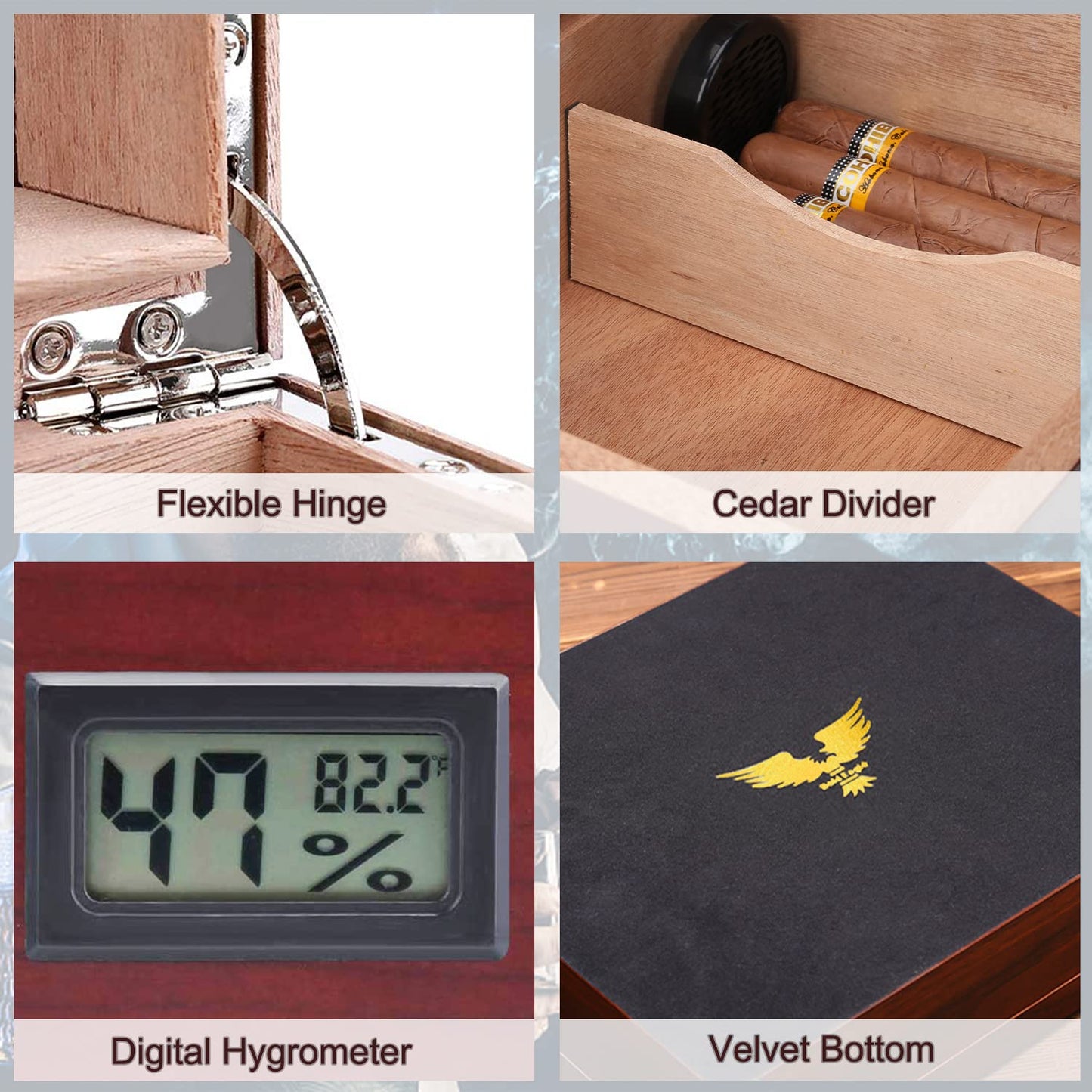 High Gloss Cigar Humidor Cigar Box, Real Solid Spanish Cedar Wood, Luxury Hygrometer and Humidifier, Desktop Humidors Gloss Black (25-50 Walnut)