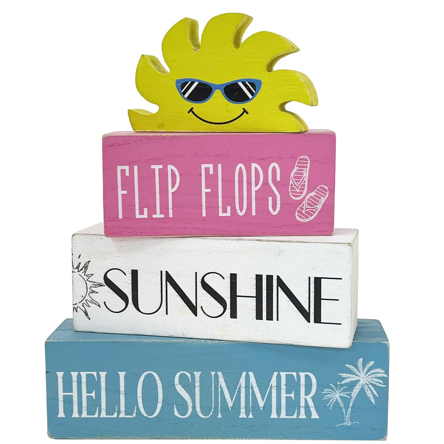 Lebsitey 4 Pcs Summer Wooden Sign Decor, Summer Home Table Decor, Human Sunshine Tiered Tray Decorations for Table & Home Office Decorations