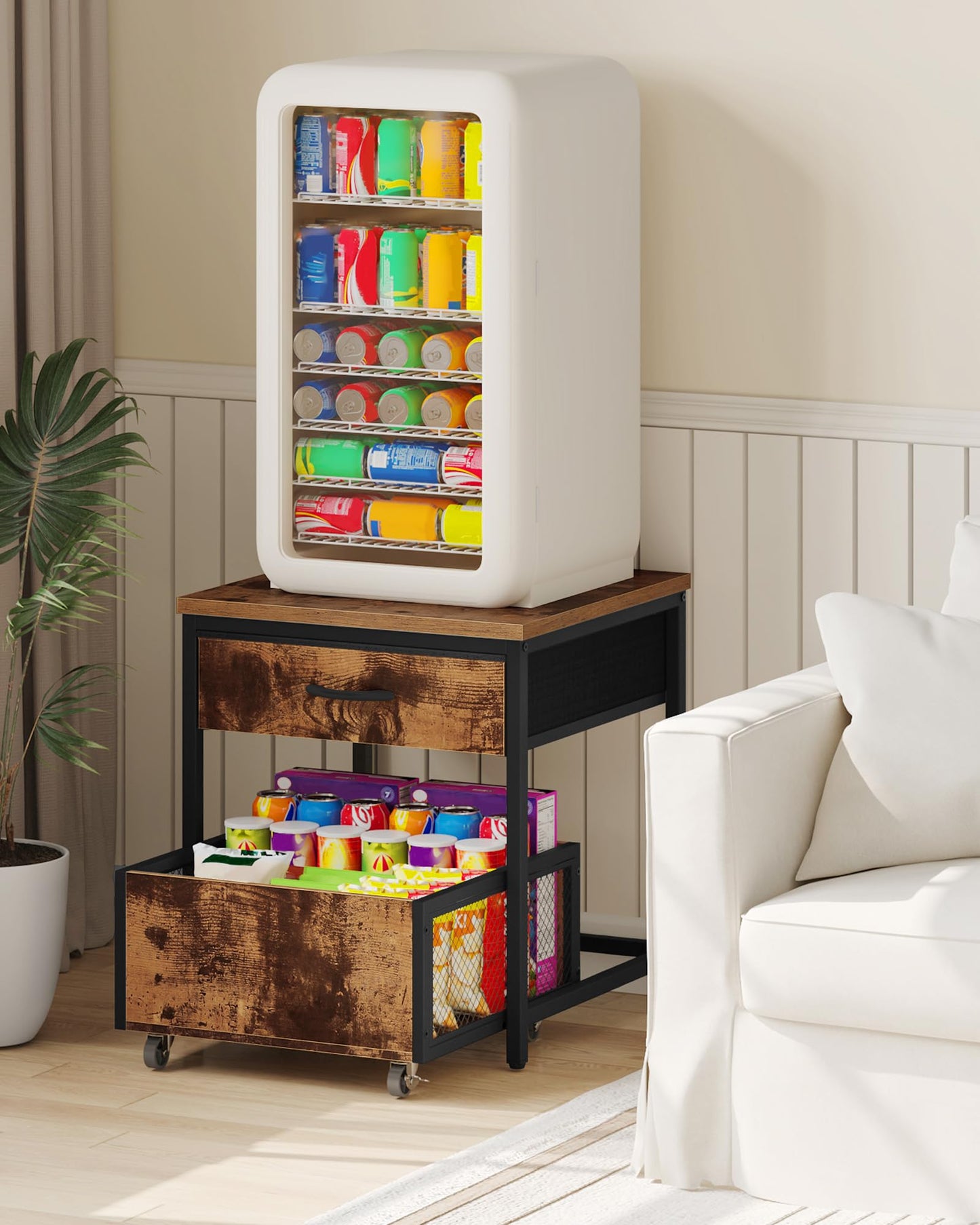 CHOEZON End Table, 19.7 Inch Square Side Table, Mini Fridge Stand with Storage, Nightstand with Mobile Basket Cart, for Living Room, Bedroom, Rustic Brown and Black TBZ55BF