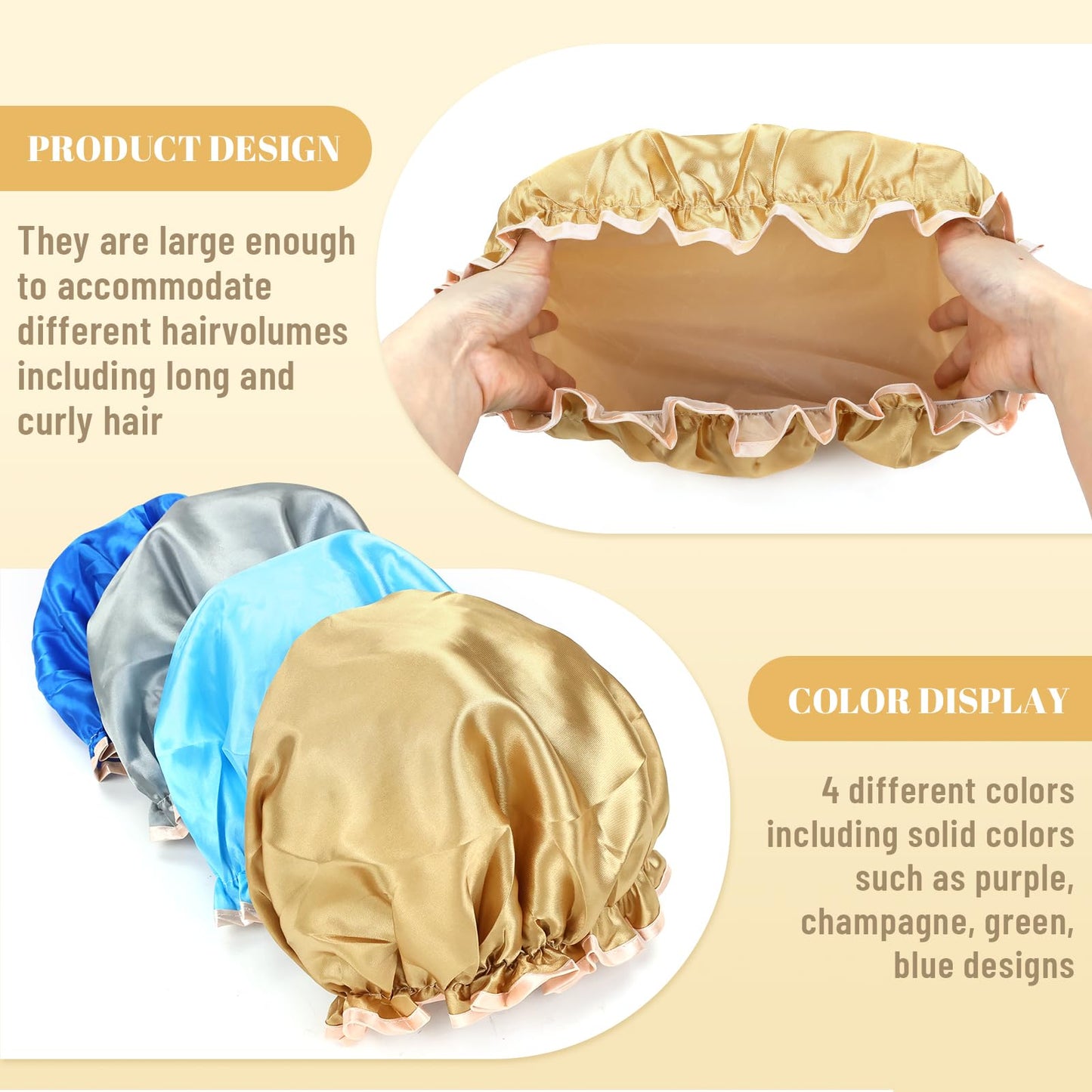 Lawie 4 PACK Double Layer Waterproof Reusable Satin Shower Caps with Adjustable Bath Hair Caps Stretchy PEVA Bathing Hats Bonnets Curly Long Braids Hair for Women Girls (pack 1 of solid colors)