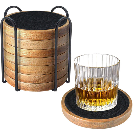 Eykao Wood Coasters for Drinks, Absorbent Coaster Sets of 8, Woven Drink Coasters for Coffee Table, Housewarming Gift for Farmhouse Home Decor,4.3 inches Black