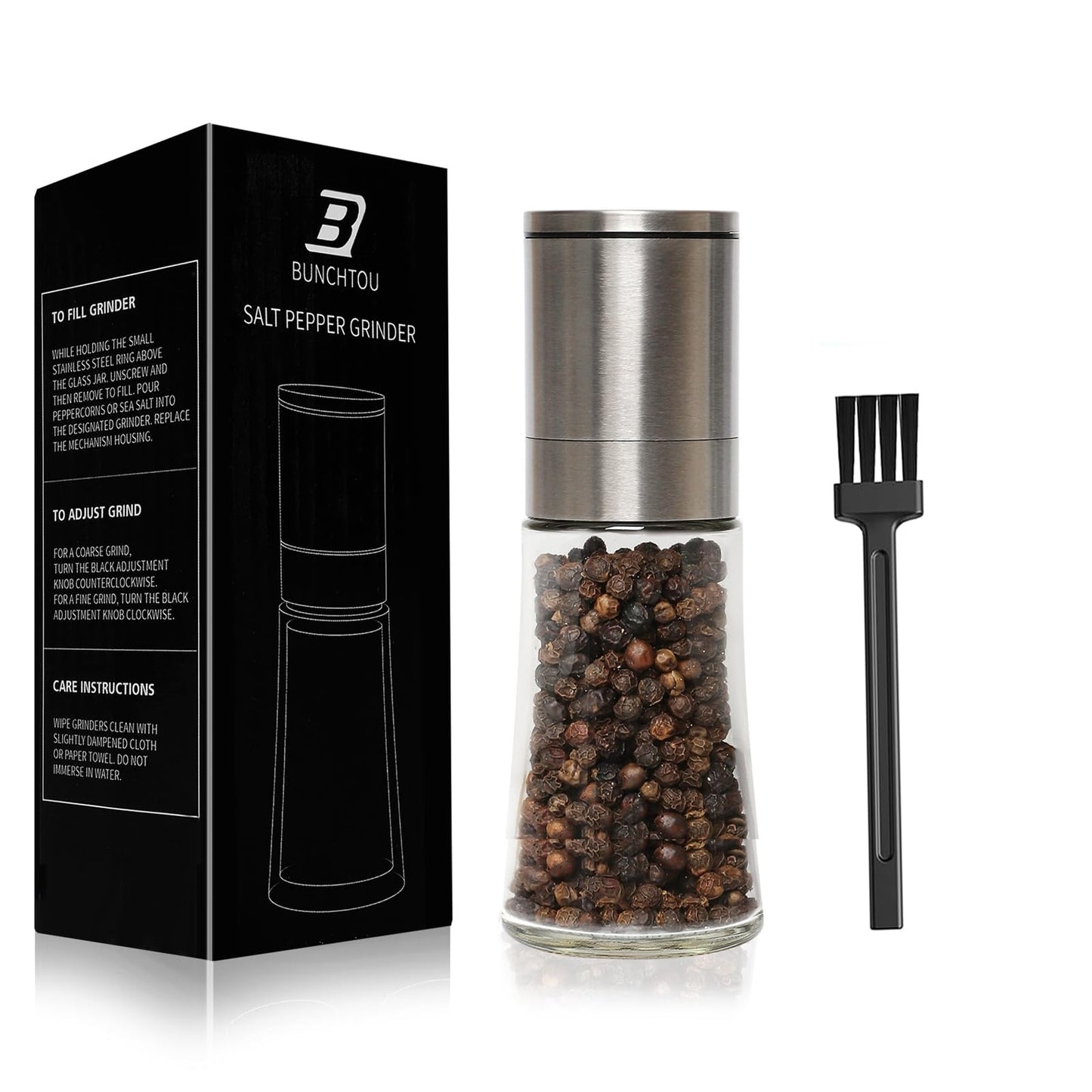 Bunchtou Original Stainless Steel Pepper Grinder or Salt Mill 1pk - Coarseness Adjustable Sea Salt Grinder or Pepper Mill Grinder - Small Manual Salt Pepper Shakers with Glass Container