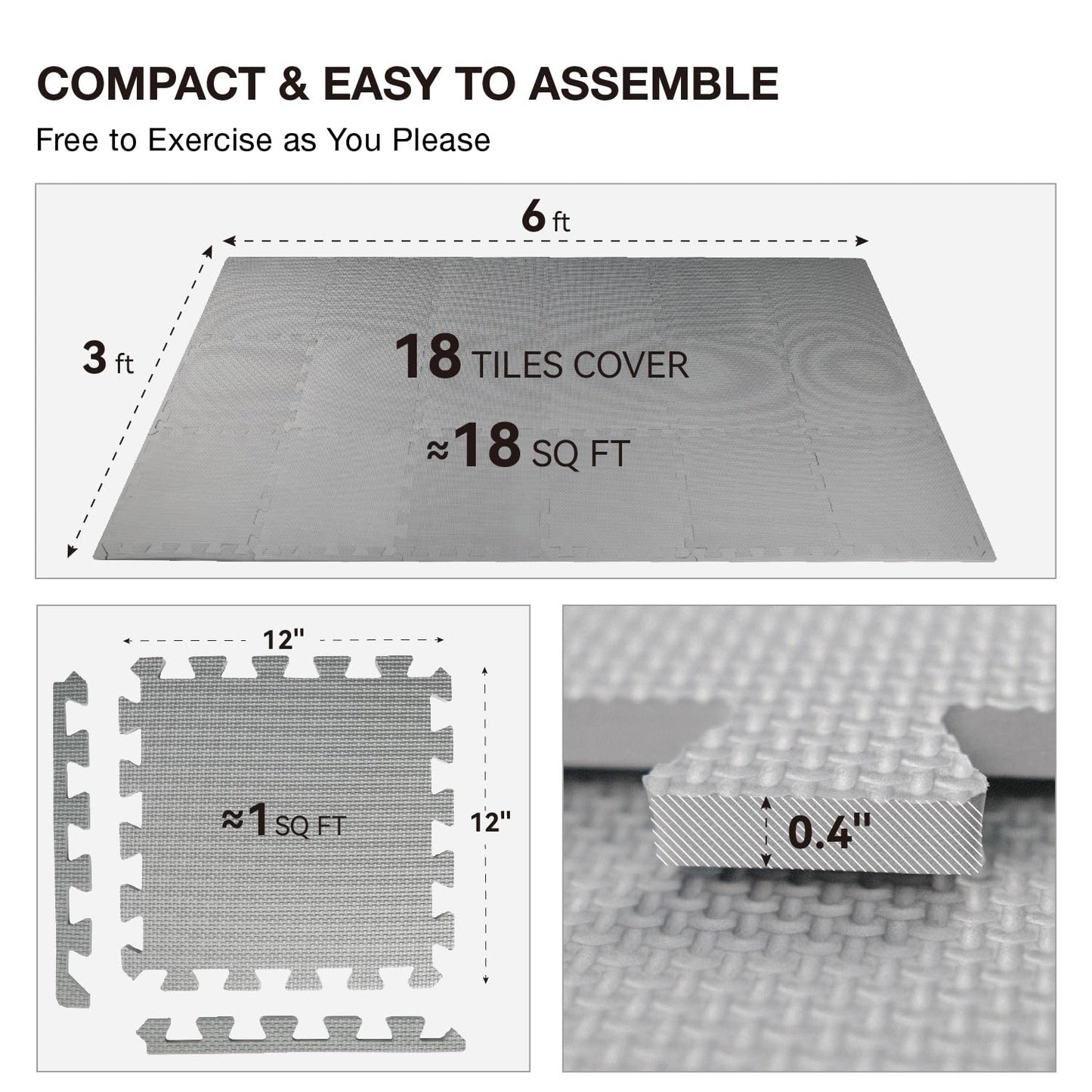 AIRHOP 18 Tiles Gym Floor Mat, EVA Foam Puzzle Gym Mat, High-Density Interlocking Foam Floor Tiles for Home Gym, Play Workout Garage Kitchen Flooring