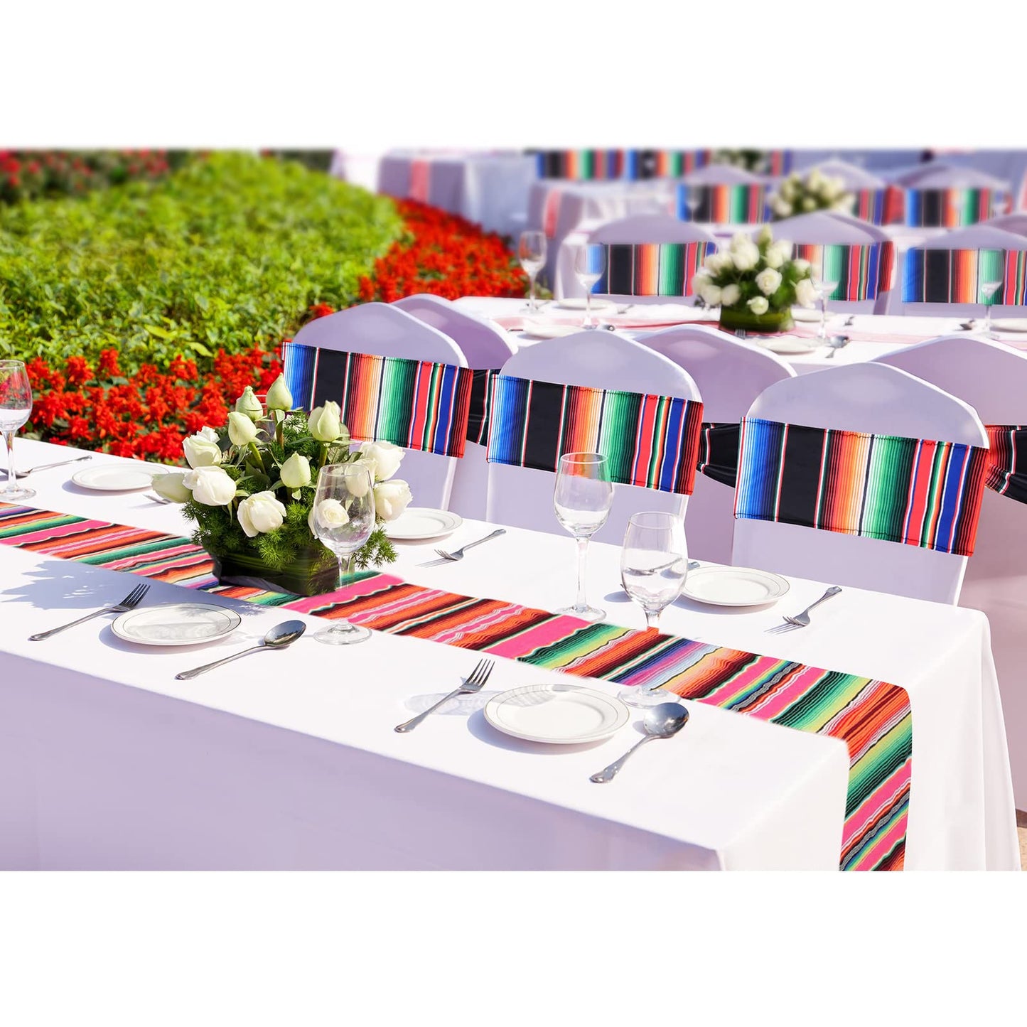 Newwiee 48 Pieces Mexican Theme Stretch Chair Sashes Dining Spandex Chair Sashes Bands with Buckle for Wedding Event Fiesta Party Favor Ceremony Reception Banquet Mardi Gras Decoration (Retro)