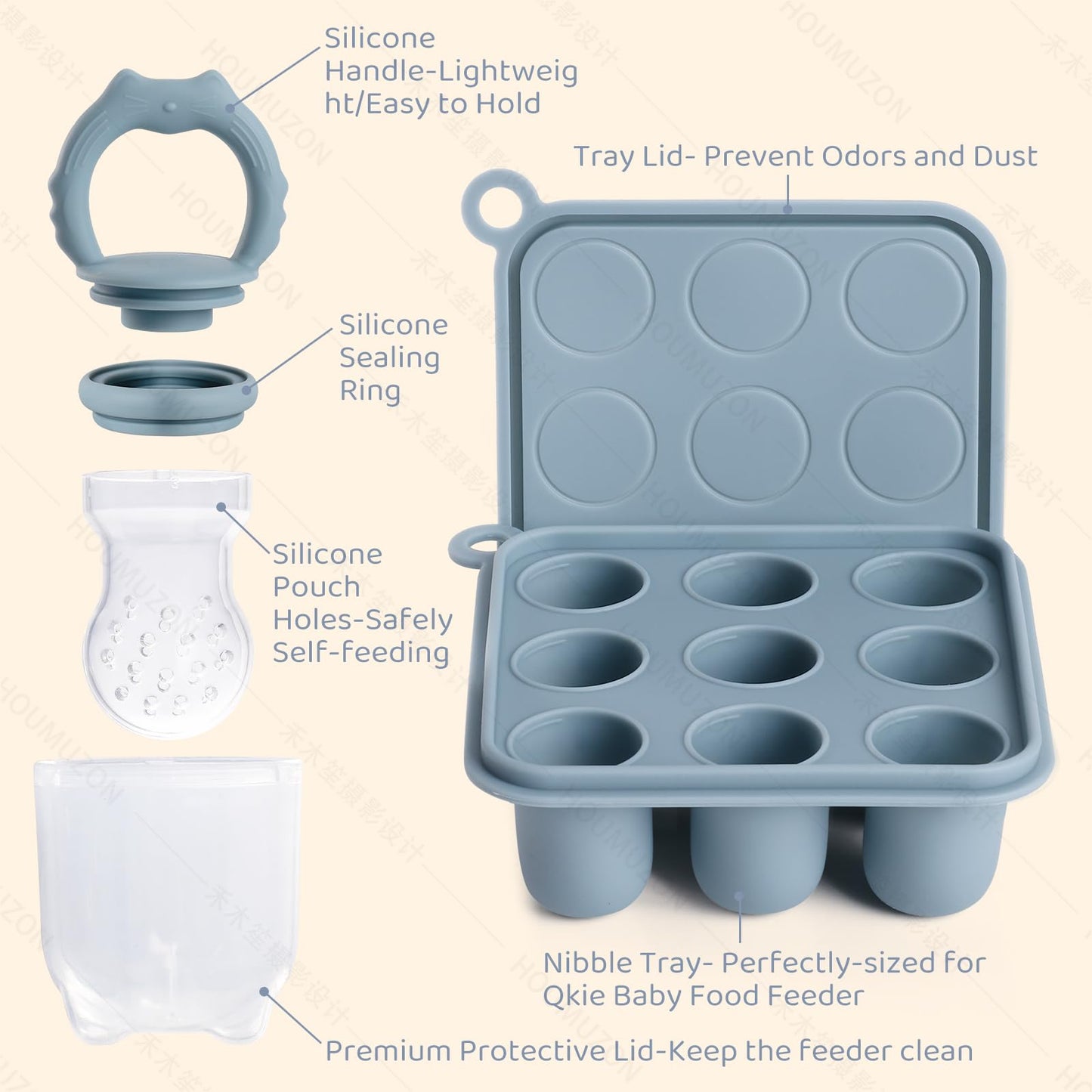 Qkie Silicone Baby Food Feeders & 1 Baby Food Freezer Tray & 2 Extra Pouches- Safe Introduction to New Foods, Frozen Milk & Puree - Ideal for Infants and Toddlers