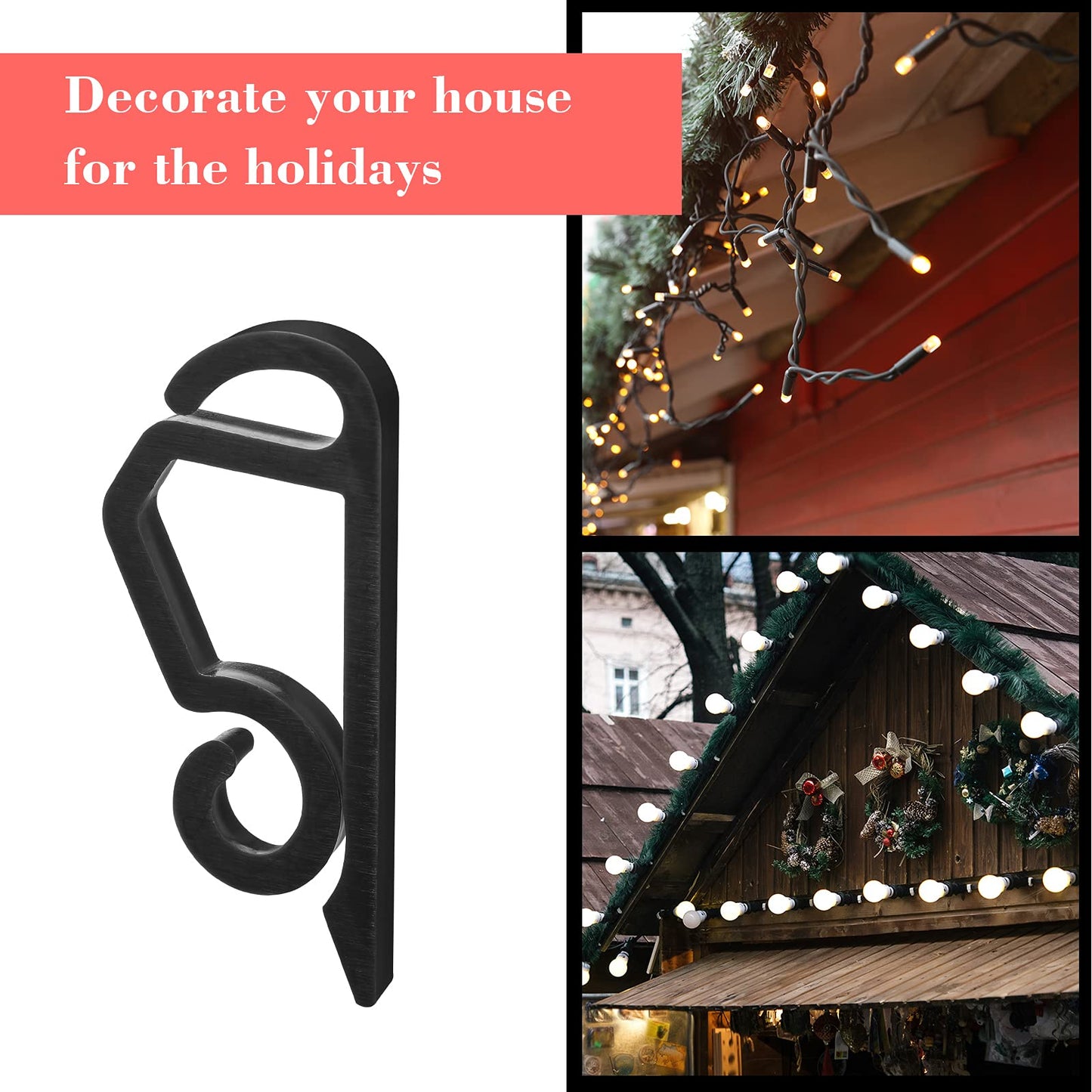 Marsui Christmas Light Clips Outdoor Gutter Hooks Plastic Seasonal Weatherproof Clips Holiday Fence Hooks for Christmas Roof Tree Outside Hanging String Lights(Black,360 Pieces)
