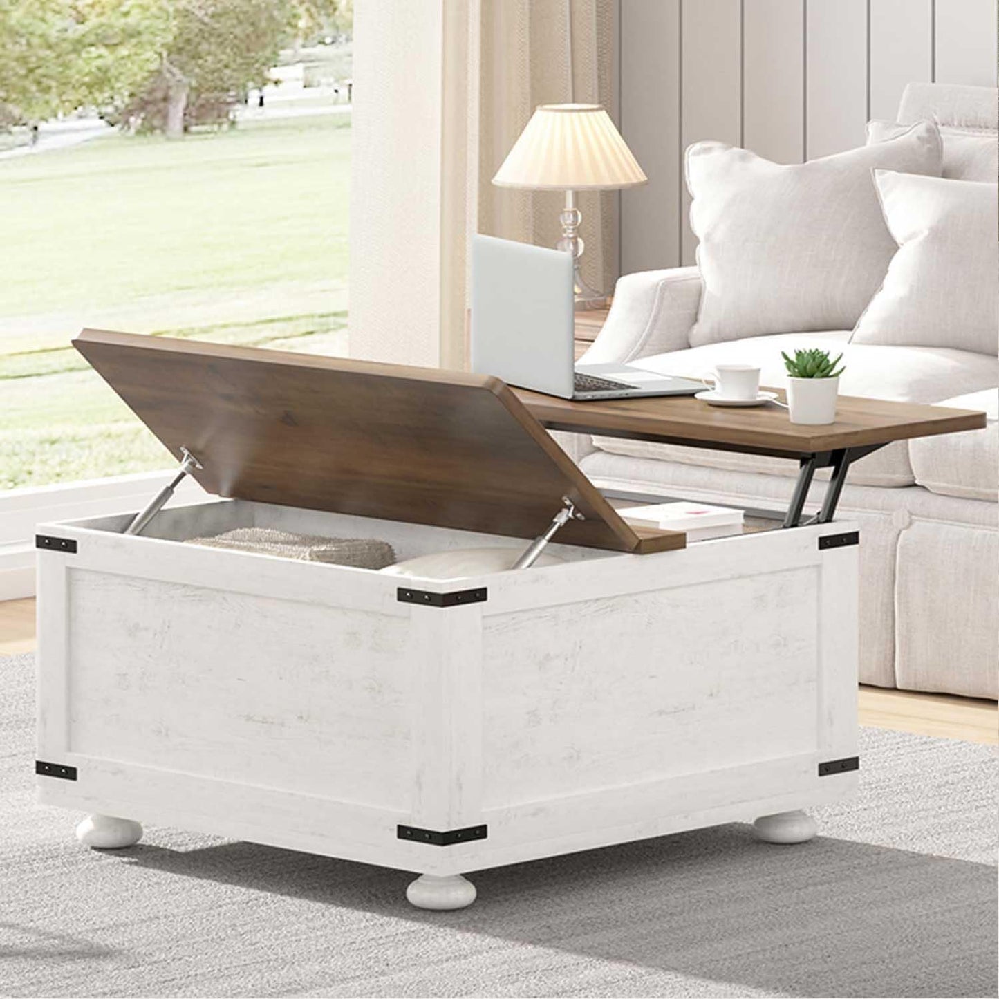 MaverickFurni White Farmhouse Coffee Table with Storage, Square Lift Top Coffee Table with Hydraulic and Wood Gourd Feet for Living Room, White