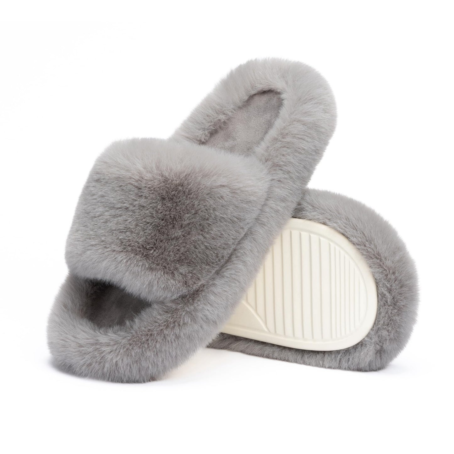 Chantomoo Women's Grey Fuzzy Plush Slippers Size 7-8