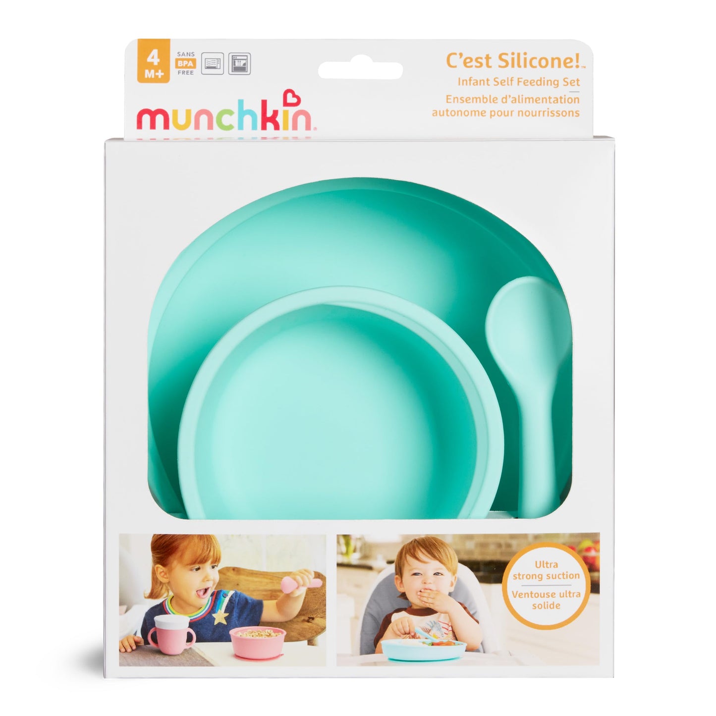 Munchkin Silicone Baby Feeding Set, Toddler Suction Bowl, Plate and Spoon, Baby Led Weaning and Infant Self Feeding, C’est Silicone!™ Mealtime Set, 4 Months and Up, BPA Free, Mint
