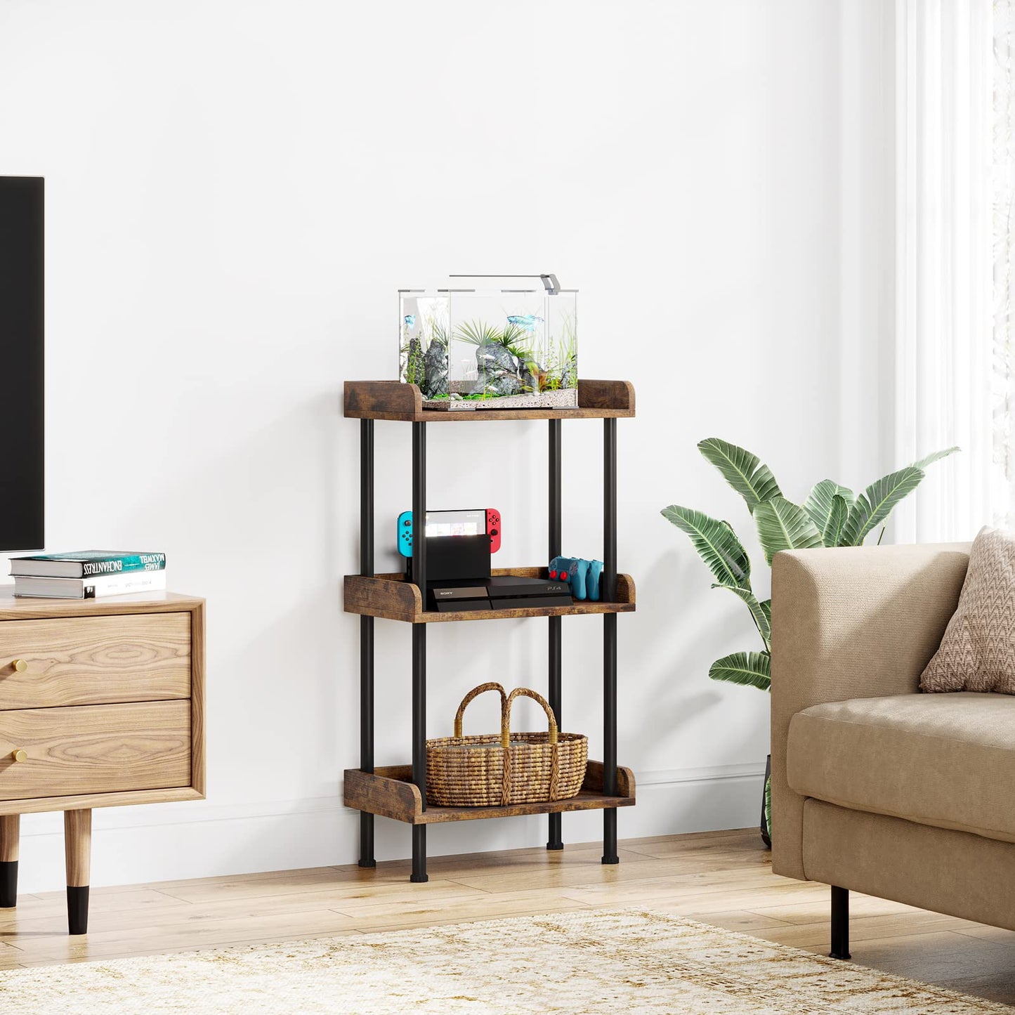 Hosfais Bookshelf Small Book Shelf, 3 Tier Wood Bookcase Industrial Bookshelf Metal Standing Book Shelves Display Book Rack for Living Room Bedroom Home Office (Rustic Brown)