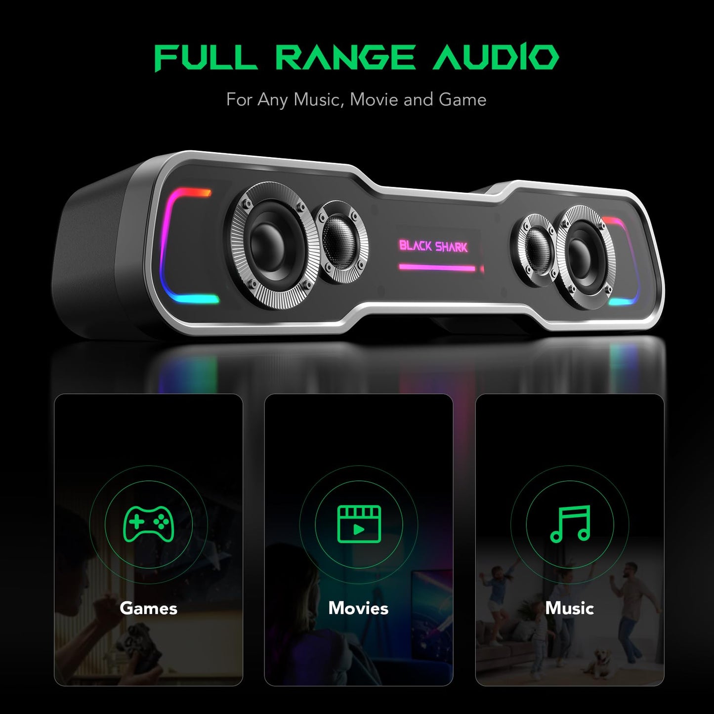 Black Shark BS-SP1 Bluetooth Computer Speakers for Desktop, 5 Colorful Lights Gaming PC Speaker with Stereo Sound, USB C/USB Powered Sound-bar for Computer Desktop PC Monitor Laptop