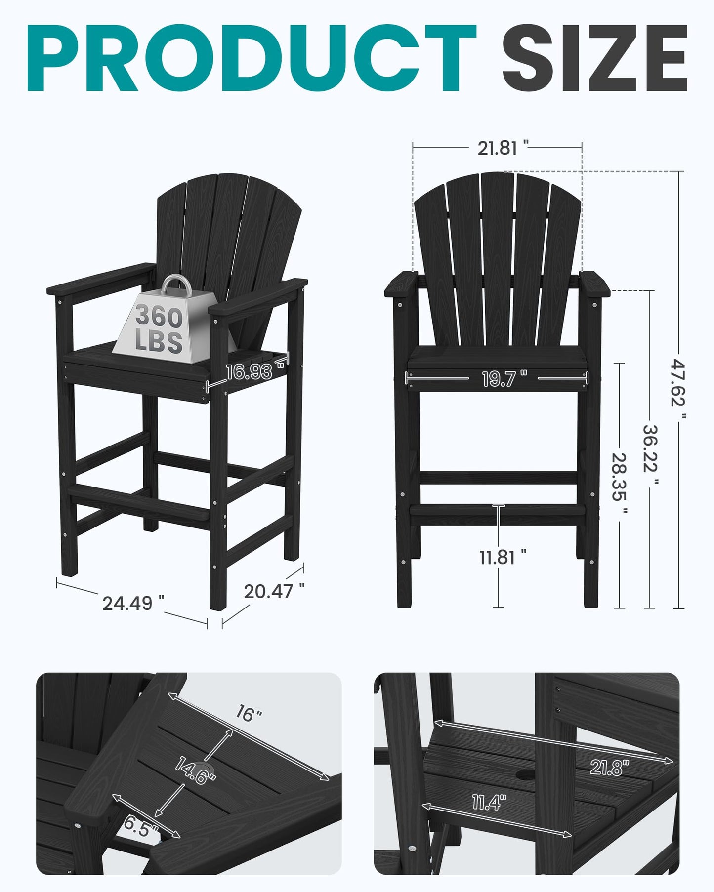 SERWALL Tall Adirondack Chairs Set of 2 with Double Layer Connecting Tray, HDPE Bar Height Outdoor Chairs, Wood-Like Adirondack Bar Stools for Patio, Balcony, Porch, Black