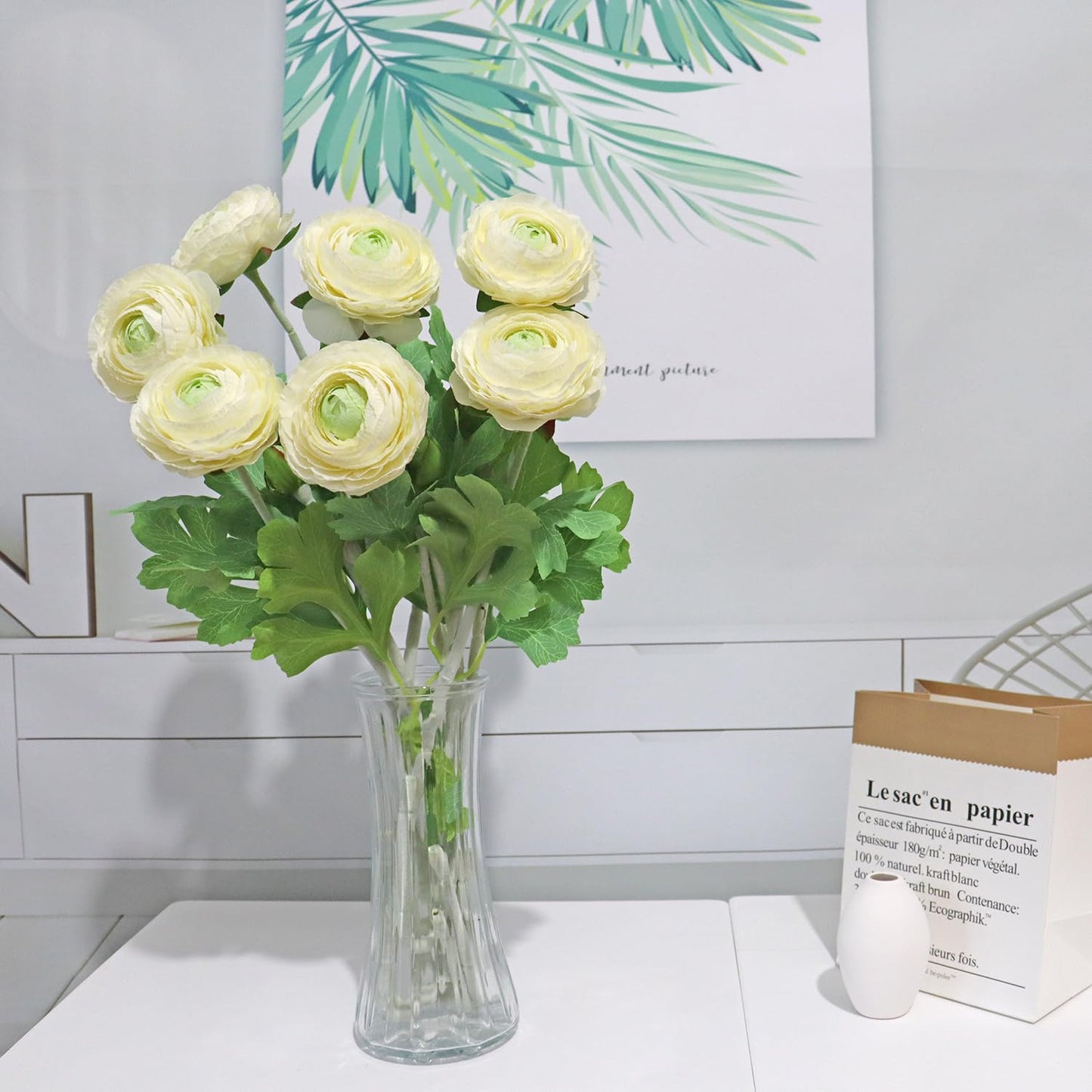 NMAIYA Ranunculus Artificial Flowers 6Pcs White Faux Flowers Silk Ranunculus with Stems Realistic Indoor Flowers for Home Table Decor Wildflowers Floral Arrangement(20In,Cream White)