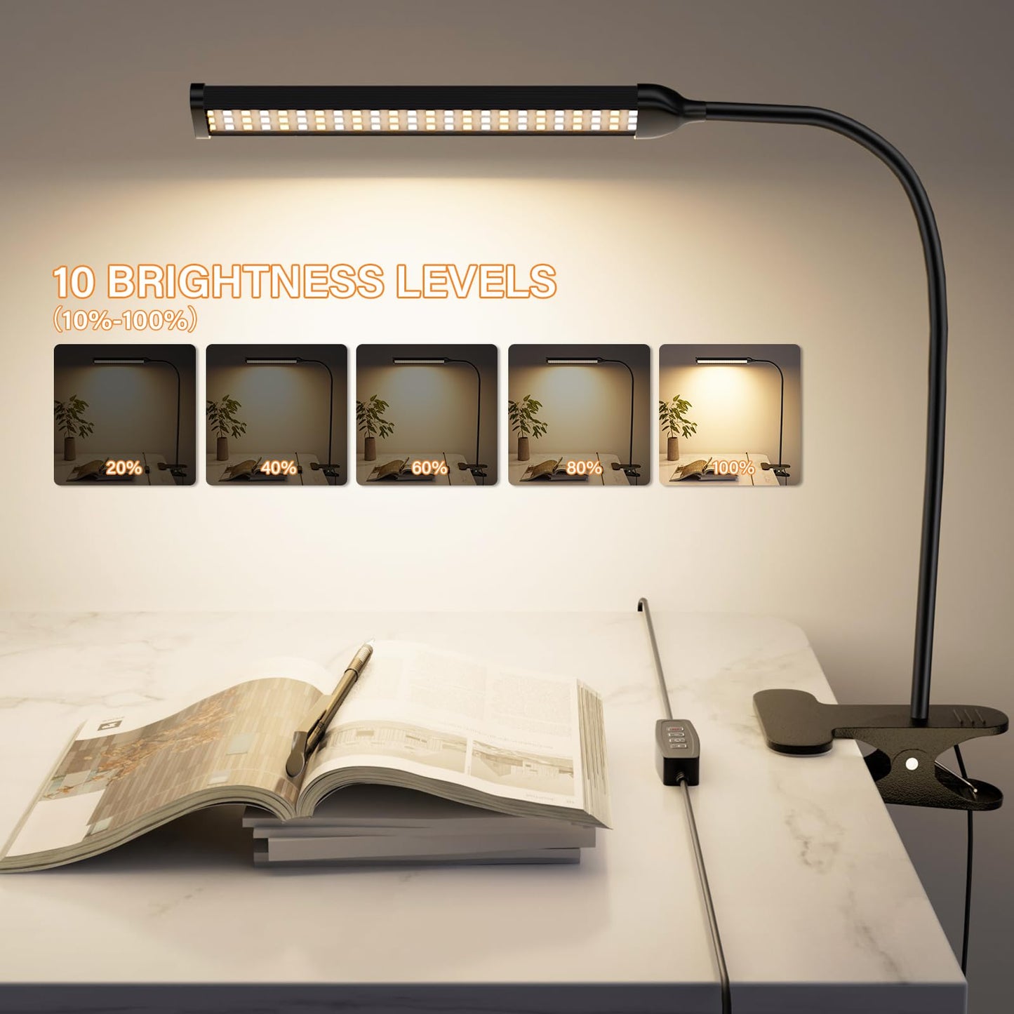 VIIVUU Desk Lamp with Clamp, Eye-Caring Clip on Lights for Home Office, LED Reading Lamp with 3 Color Modes, 10 Brightness, Flexible Gooseneck Swing Arm for Study, Work, Draw, Nail, Black