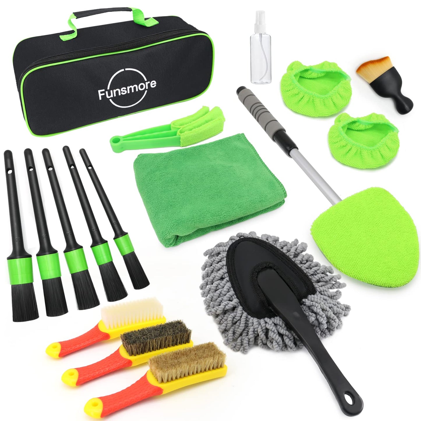 Funsmore 18Pcs Car Detailing Kit, Interior Car Cleaning Kit, Leather & Textile Car Interior Brush, Car Detailing Brush Set with Windshield Cleaning Tool Complete Car Interior Care Kit