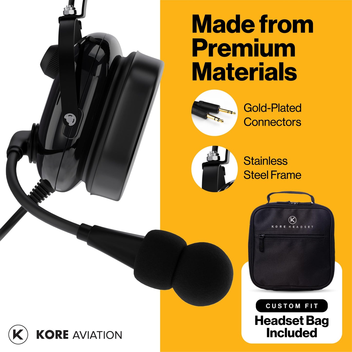 KA-1 General Aviation Headset for Pilots - Mono and Stereo Compatibility, Passive Noise Reduction, Noise Canceling Microphone, Gel Ear Seals, Adjustable Headband & Headset Bag