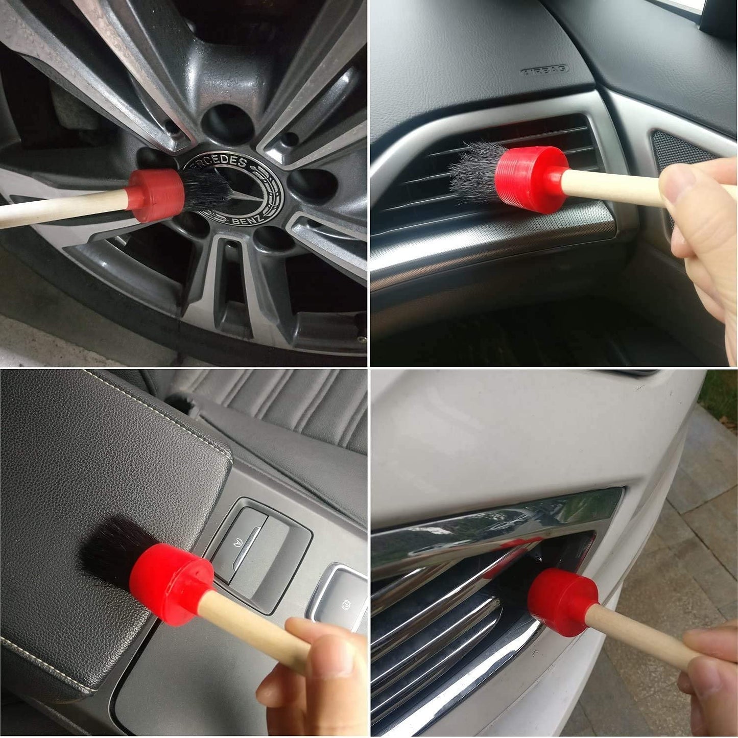 Nurkul 11Pcs Auto Detailing Set, Boar Hair Brushes, Steel Wire & A/C Brushes, Red, Soft Bristles, Wood Handles for Cleaning Interior, Exterior, Leather, 6 Sizes
