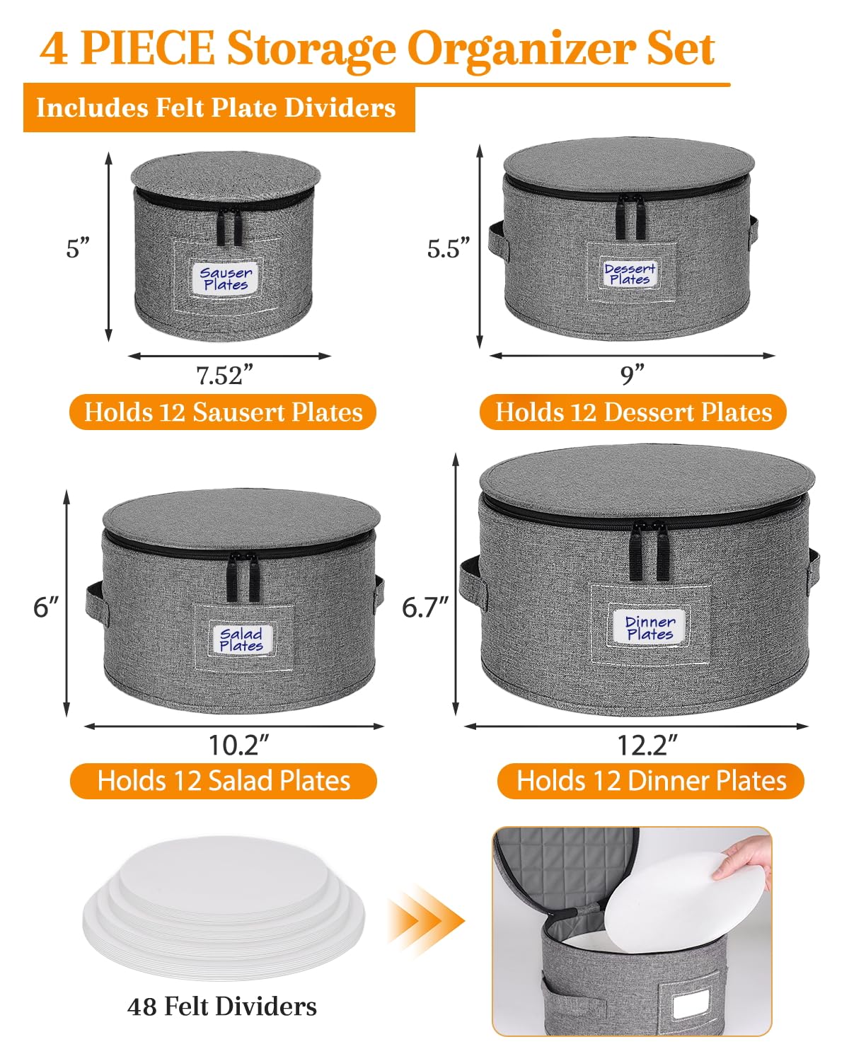 punemi China Storage Containers, Dish Storage with Rigid Top Side Bottom Support & Felt Dividers for Charger Plates Dinnerware, Perfect for Moving Supplies, 4PCS Stackable Fine China Storage, Gray