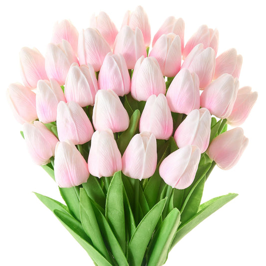 Drewev 30 Pcs Tulips Artificial Flowers Fake Pink Flowers Latex Tulips Real Touch 13" Silk Flower for Spring Mother's Day Easter Gifts in Bulk Home Kitchen Wedding Decorations