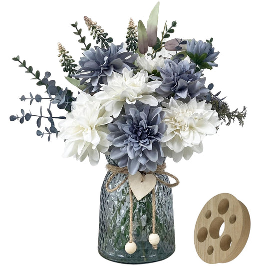 SHINFHOMF Fake Flowers in Vase,8 Dahlias,Silk Artificial Flowers in Vase,Centerpiece Table Decorations,Faux Flowers in Vase with a Flower Arrangement Holder