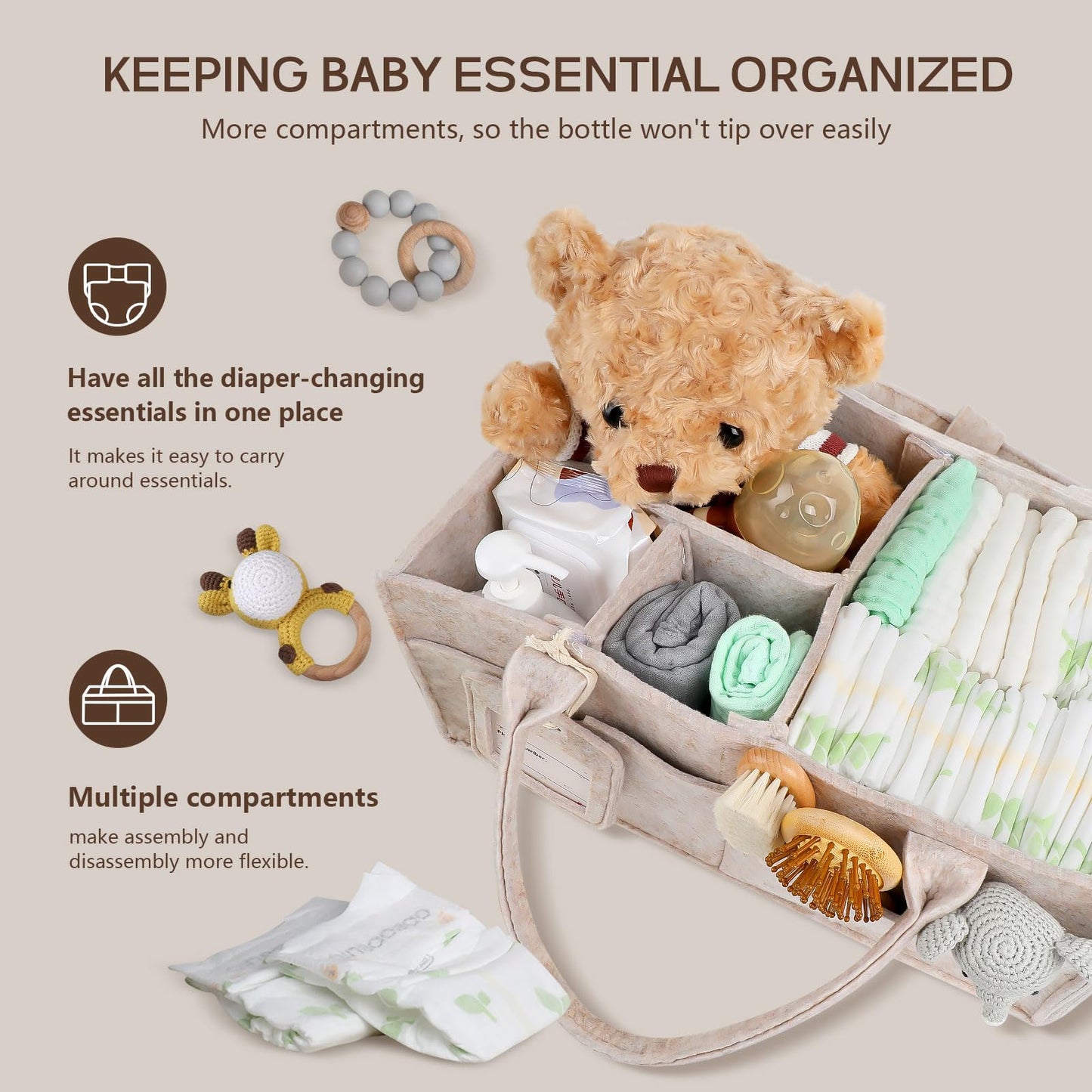 GEMII Baby Diaper Caddy Organizer with Handle, Newborn Baby Essentials Registry Search Must Haves, Shower Gift Basket Boy&Girl, Portable Diaper Storage Basket Bin, Car Caddy Organizer (Oatmeal, Large)
