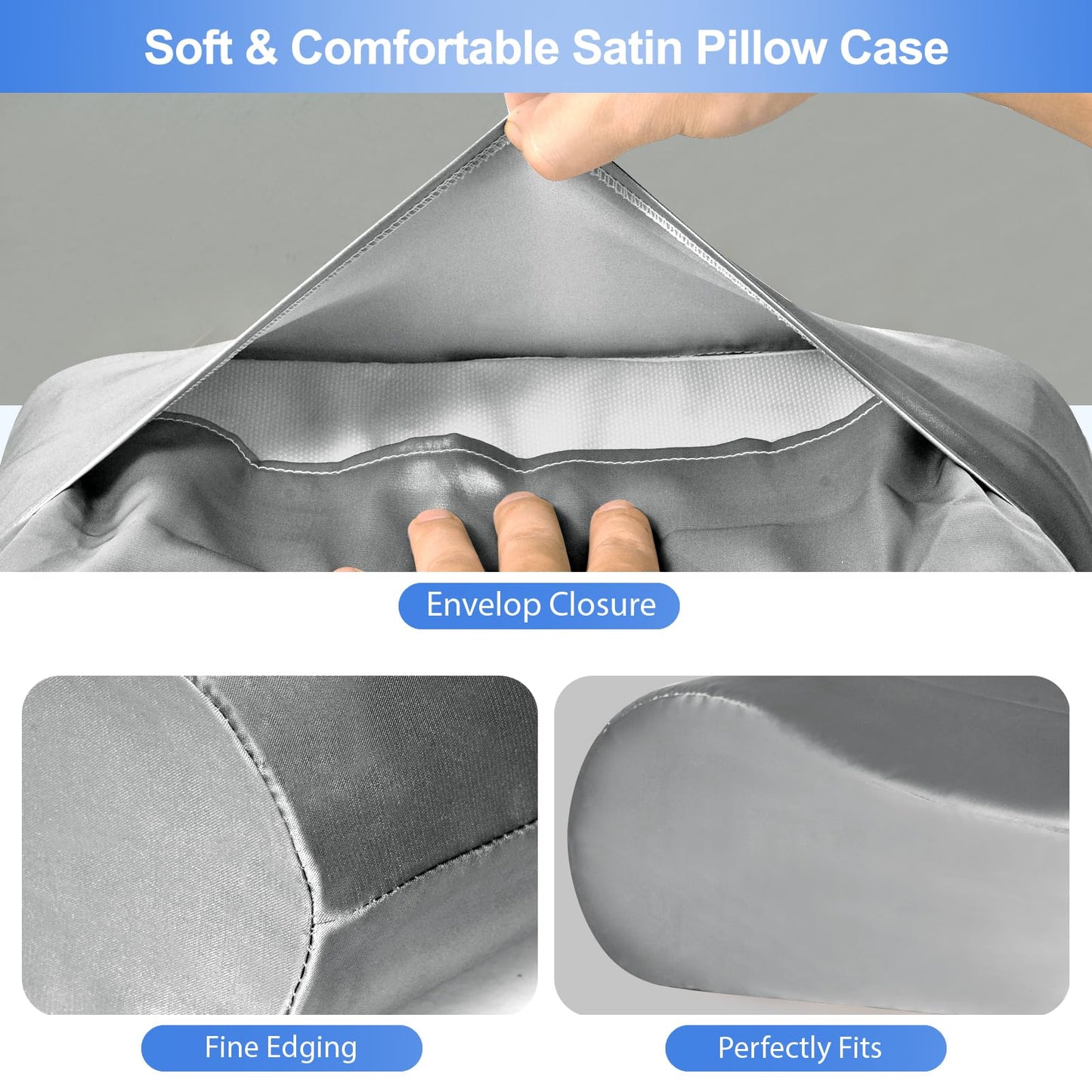 Satin Pillowcase for Contour Memory Foam Pillows, 24" x 14" x 5.1"/3.5" Cervical Pillow Case, Soft Pillow Cover for Sleeping Pillows (Grey)