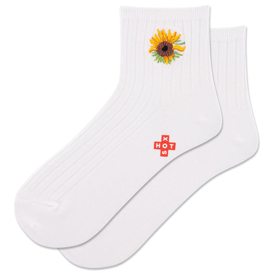 HOTSOX Women's Embroidered Sunflower Ankle Sock 1 Pair Pack, White, Women's Shoe Size: 4-10