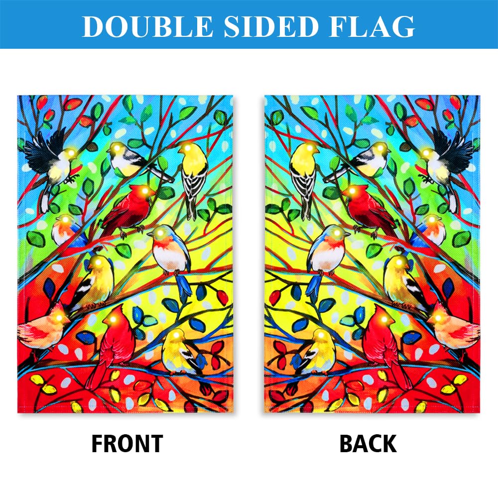 YMYIELD Lighted Tree Birds Garden Flags 12x18 Double Sided Solar LED Flashing Yard Flag for Lawn Outdoor Patio Decorations (Stand Not Included)