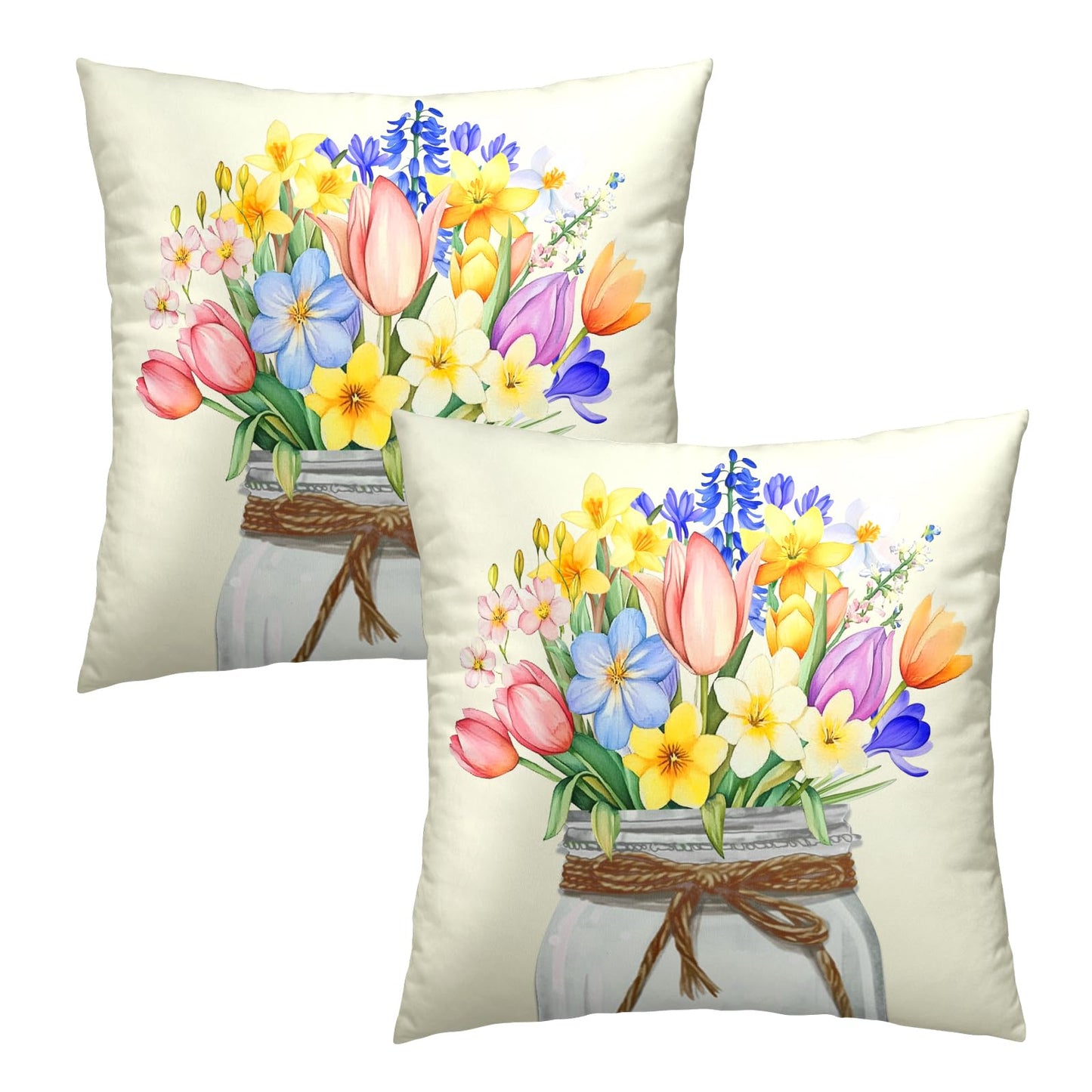 Easter Flowers Throw Pillow Covers 18x18 Set of 2, Spring Tulip Lavender Floral Mason Jar Square Pillowcases Cotton Cushion Cover Decoration for Couch Sofa Living Room Bedroom Home