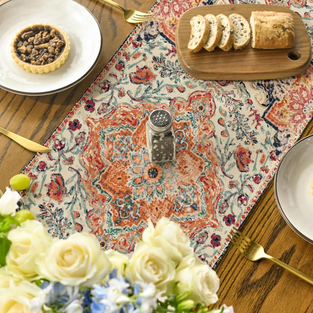 Artoid Mode Boho Bohemia Style Orange Table Runner, Country Rustic Farmhouse Magical Fall Kitchen Dining Table Decoration for Home Party Decor 13x72 Inch
