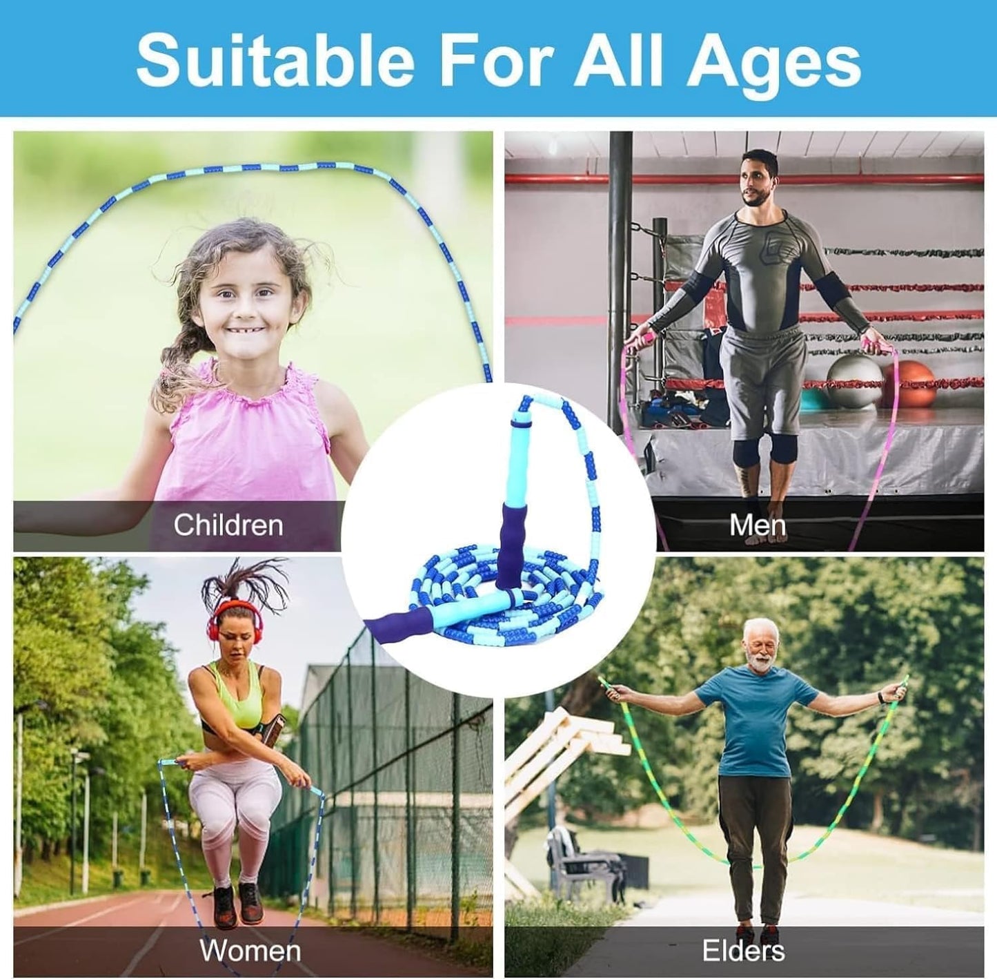 GRAWUN 6 Pack Jump Rope For Kids,Soft Beaded Jump Rope,Adjustable Length Tangle-Free Segmented Soft Beaded Skipping Rope,for Women, Men and Kids Keeping Fit,Workout and Weight Loss