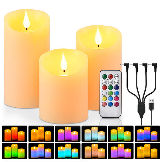 Rechargeable Colored Candles with Remote - LED Pillar Candles with USB Charging Cable, 3D Realistic Flame, Real Wax Flameless Candles for Lantern Romantic Home Decor – 4" 5" 6" H, 2.95" D