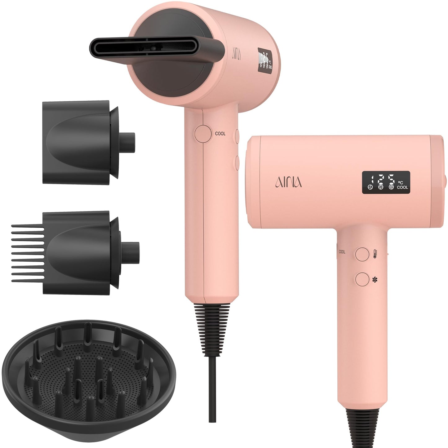 AINA Professional Salon Hair Dryer,2000W Blow Dryer with Diffuser Brush Comb for Women-BLDC Hair Dryer-Brushless Motor 150,000 RPM,Ionic,LED Display,4 Magnetic Attachments 110V/ALCI (Baby Pink)