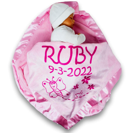 Custom Catch Personalized Girl Pink Baby Blanket Gift with Flower, Ladybug, Bee or Butterfly